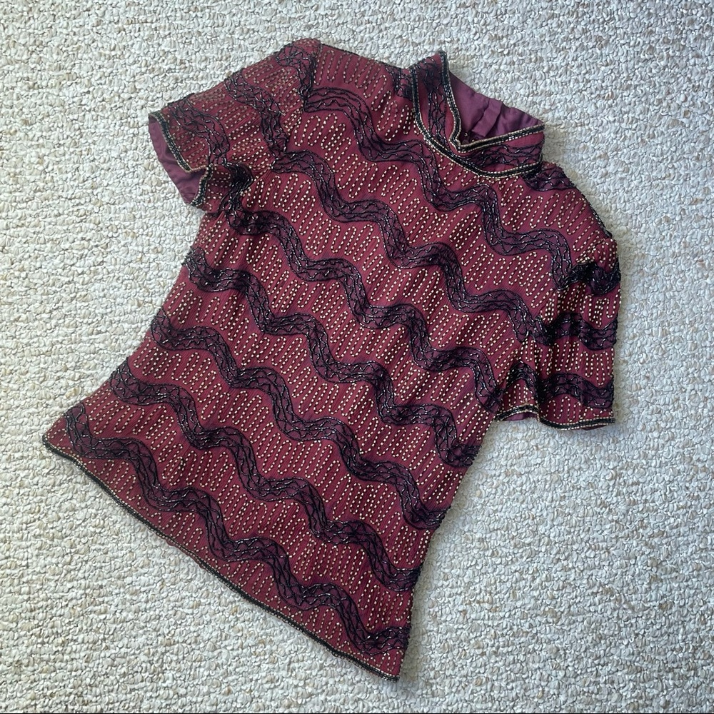 Papell boutique evening silk sequin beaded top - M